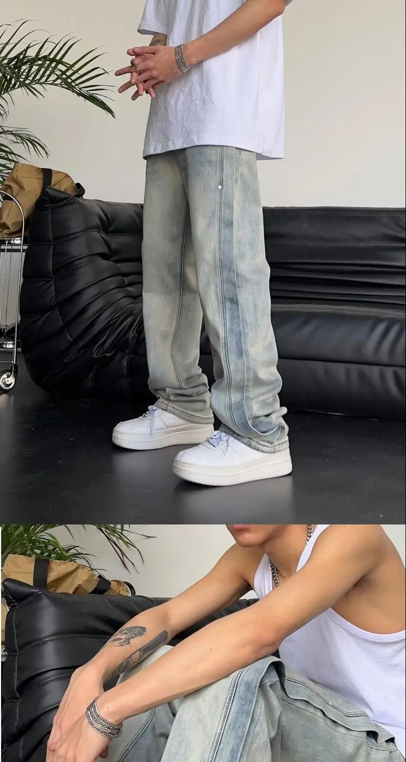 Jeans für Herren, locker, hellblau, Baggy, gerade, Cowboy-Hose, Punk, gespleißt, Y2k, Vintage-Hose, 2025, koreanischer Herbst-Trend, Baumwolle
