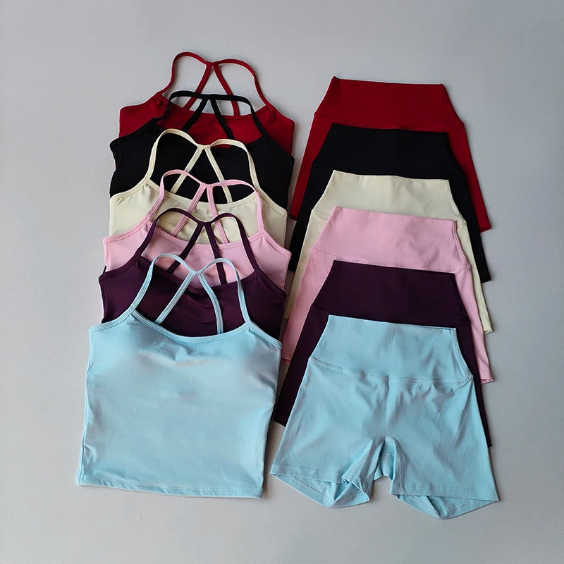 Yoga Gym Set Neckholder Top Set Yoga Hohe Taille Shorts Set Rückenfreie Strumpfhosen BH Weste Nahtlose Stretch Gerippte Gesäß Lift Shorts Set