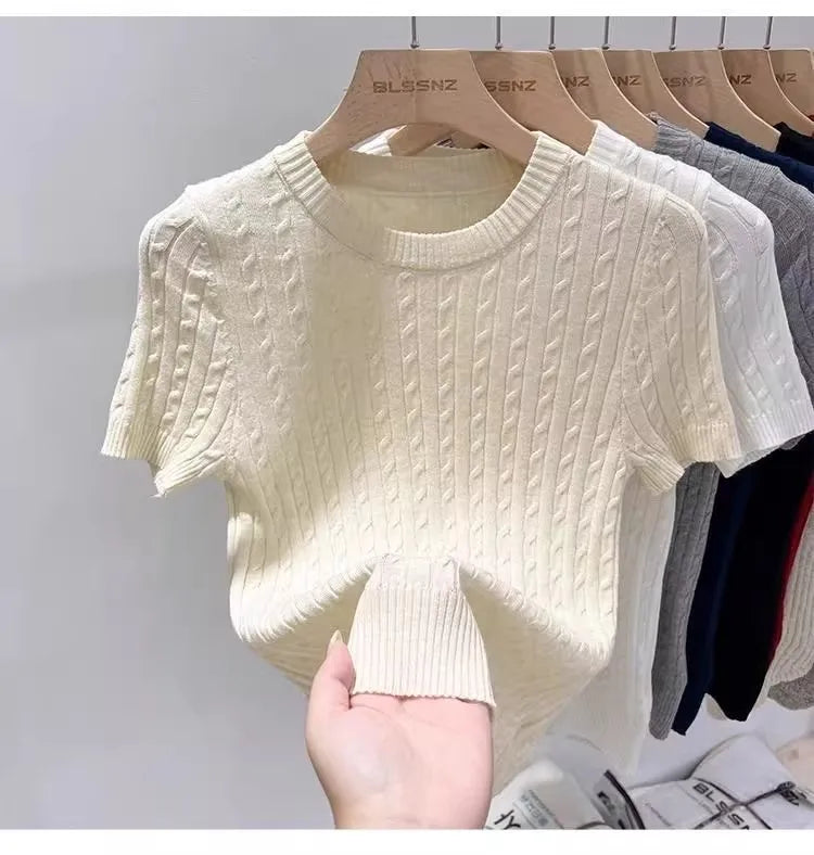 Zjaiss 2026 Sommer Koreanisches Retro Elegantes Textur-Kurzarm-Oberteil mit O-Ausschnitt und Zopfmuster für Damen – Weiches, lässiges, vielseitiges, dünnes T-Shirt