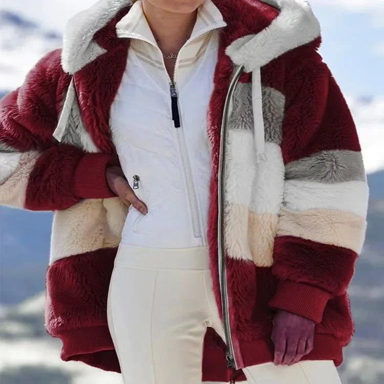 Warme Fleece-Übergroße Kapuzenjacke für Damen, Herbst und Winter, verdickte Reißverschlusstasche, Patchwork-Kleidung, bequemes Sweatshirt