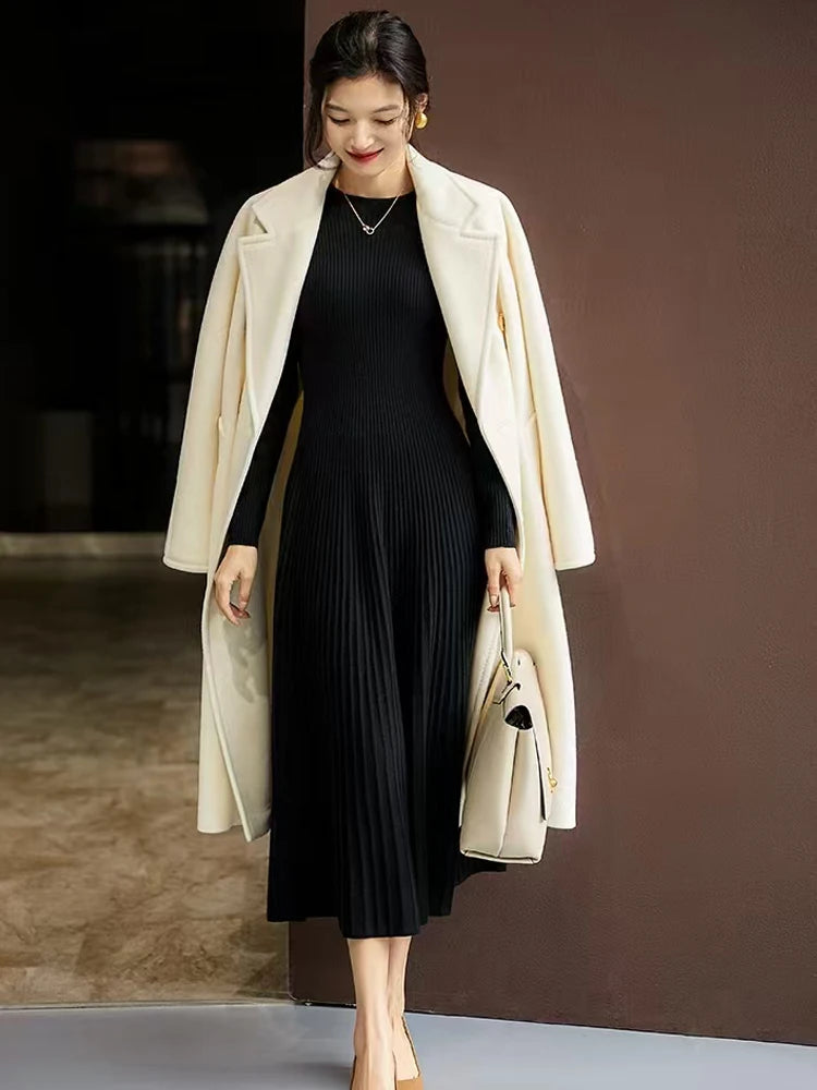 Frühling Herbst Pullover Damen Kleid 100 % Merinowolle Kleid O-Ausschnitt Slim Maxirock Basic Langarm Kleid Sexy Inside Join Dress