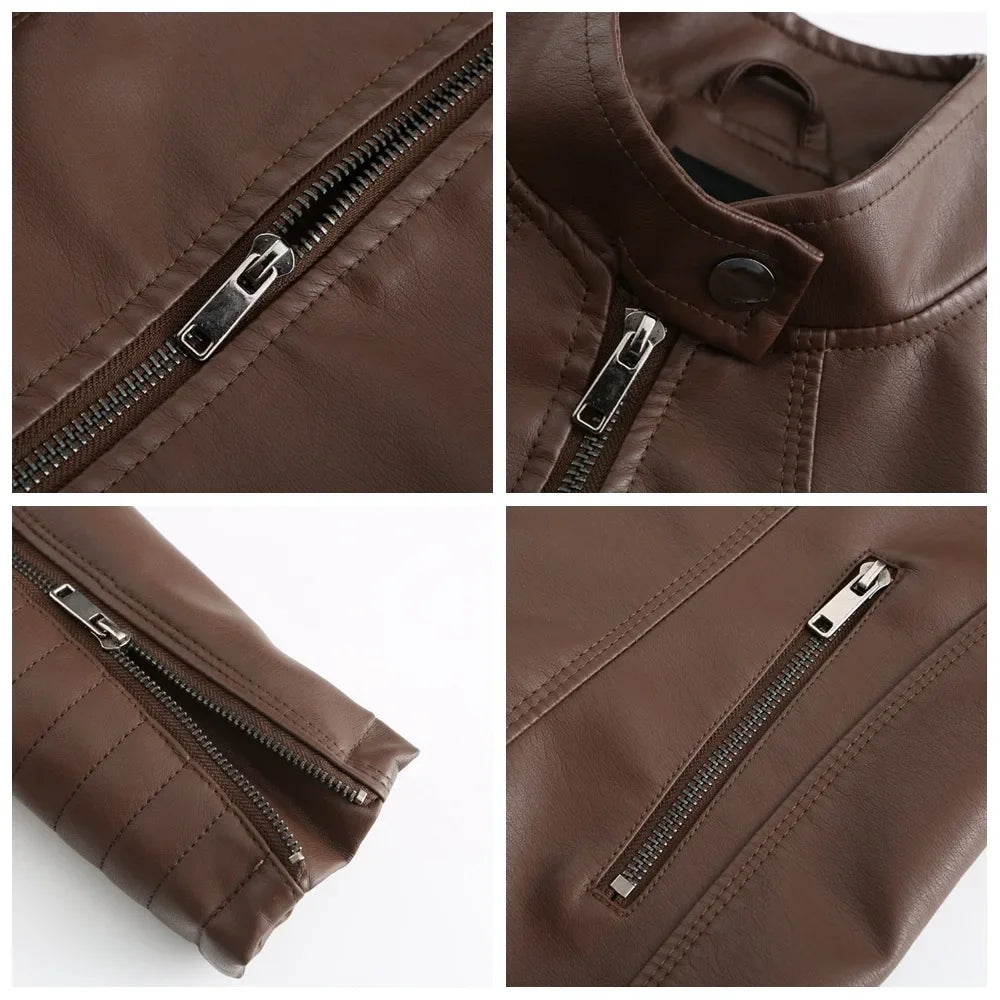 Neue 20-Damen-Lederjacke, dünn, Motorrad-Stil, kurze modische Damenjacke, Stehkragen, volle Ärmel, aus dem Festland China