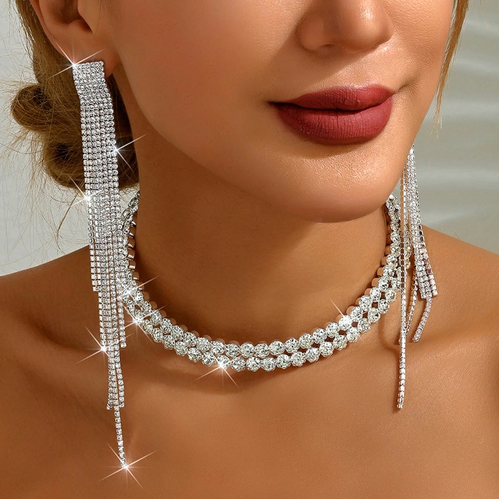 3PC Women's Fashion Copper Claw Chain Series Long Tassel Necklace Earrings Jewelry Set Wedding Banquet Party Holiday Gift