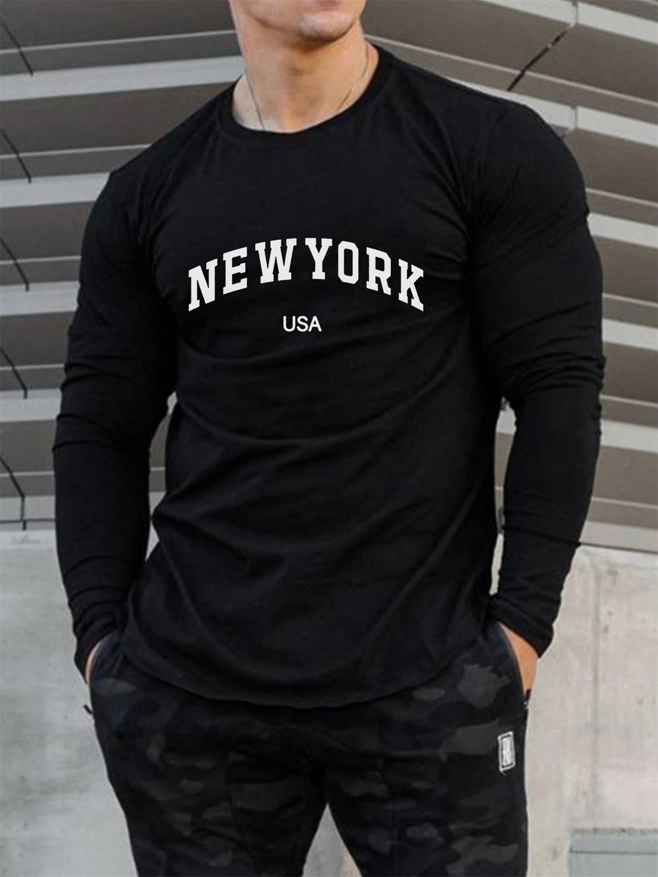 Men's 100% pure cotton comfortable sports casual loose plus size New York USA printed round neck long sleeved T-shirt top