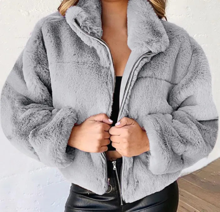 2025, Winter frauen Warme Jacke Zipper Strickjacke Faux Pelz Mode Langarm Stehen Kragen Plüsch Mantel für Weibliche