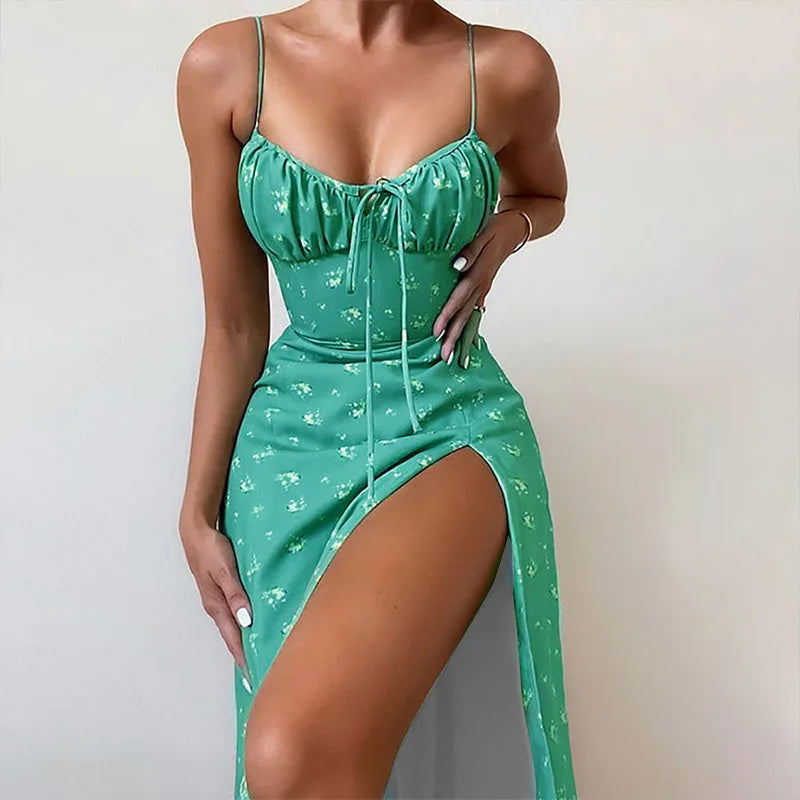 Elegantes Damen-Blumenkleid für Strandurlaub und Streetwear, Sexy Tief Ausgeschnittenes Strandparty-Kleid mit Schlitz, Schickes Bodycon-Kleid Ärmellos für Damen