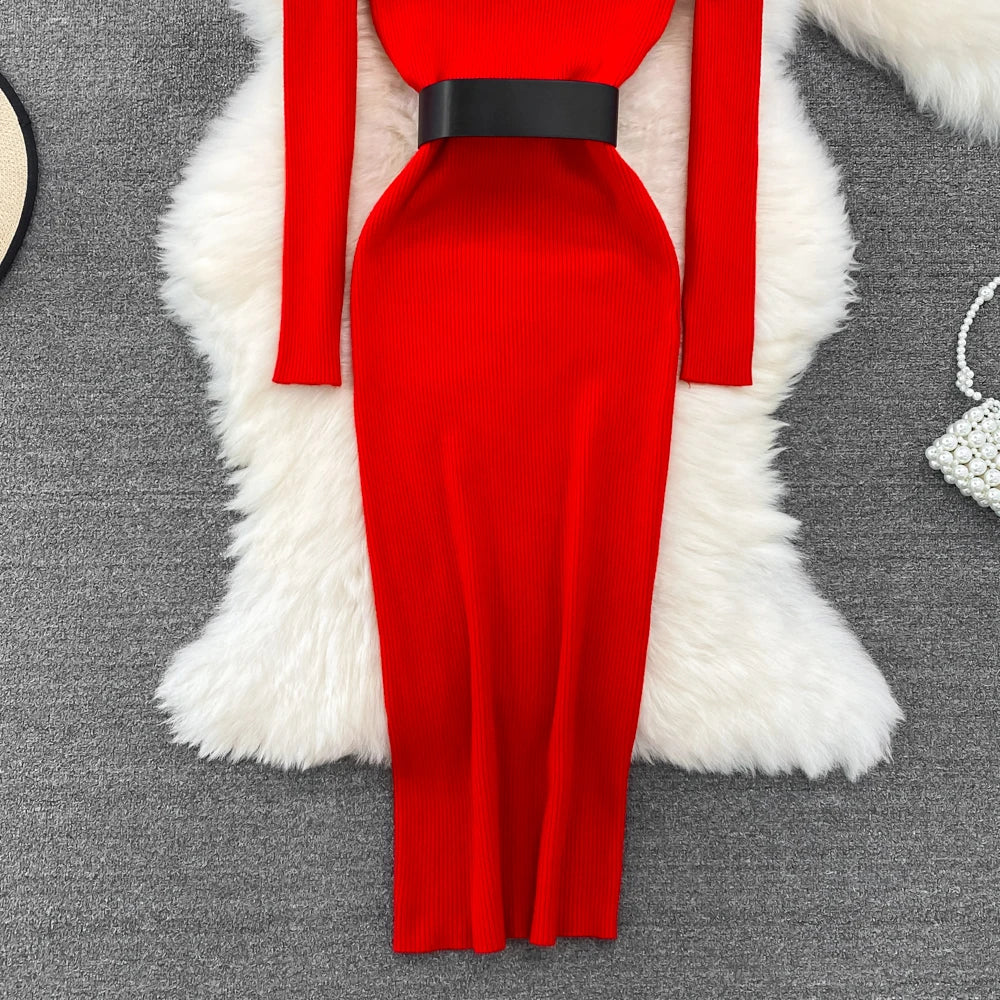REALEFT Herbst Winter 2025, neue Rollkragen frauen Gestrickte Kleider mit Gürtel Langarm Elegante Bodycon Wrap Kleid Weibliche