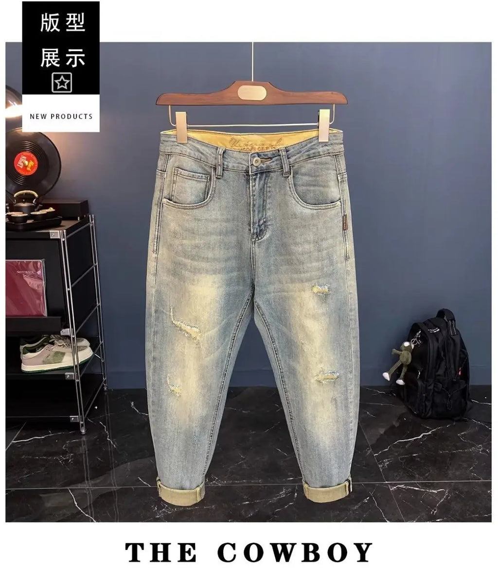 Jeans für Herren 2025, Frühling und Herbst, kleine zerrissene Jeans, Herren-Vintage-Hosen, trendige Marke, Harlan-Männerkleidung, Streetwear-Kleidung