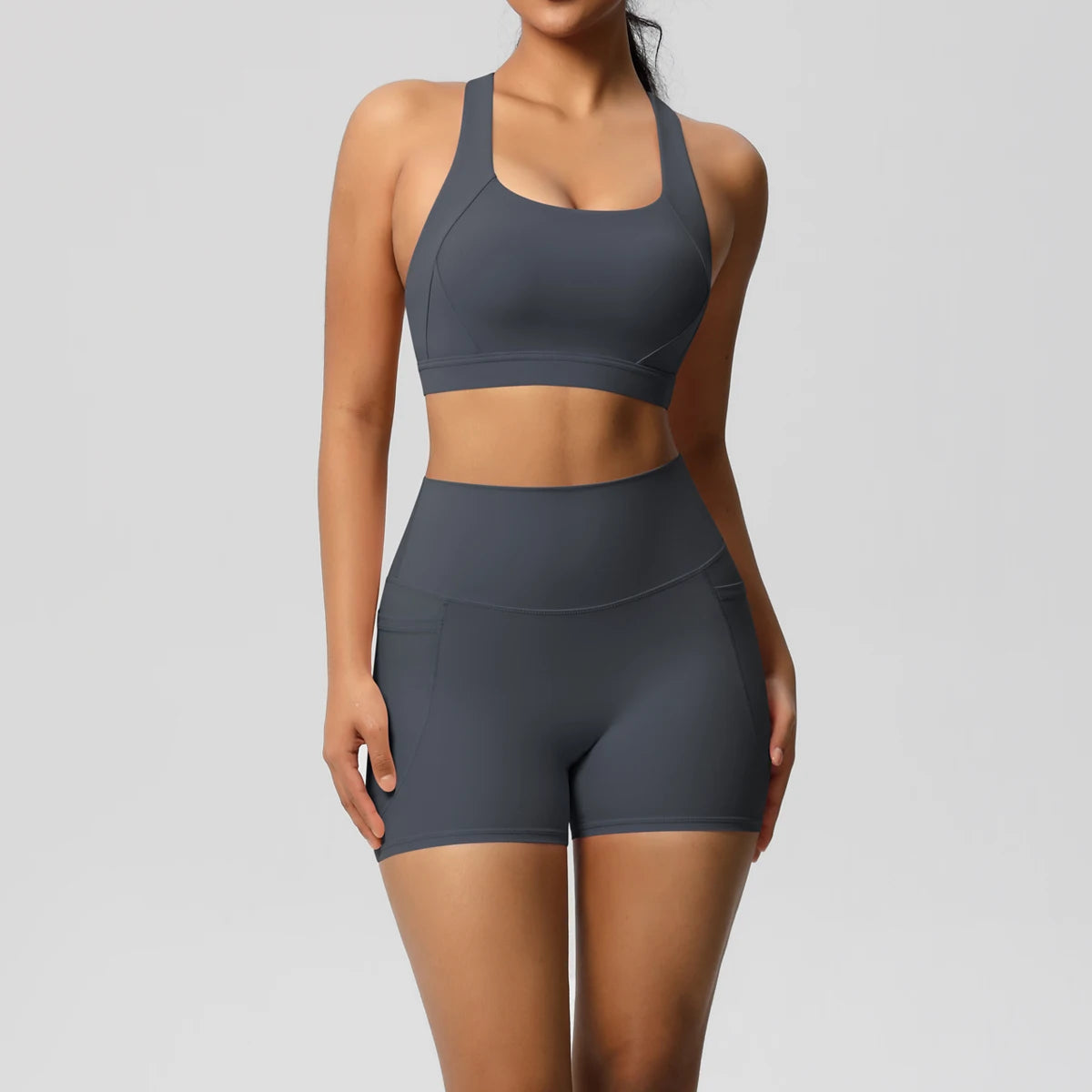 2PCS Sportswear Mit Taschen Yoga Set Gymnastik Kleidung Yoga Anzüge Für Frauen Trainingsanzüge Sport Shorts Crossover Bh Gym Leggings