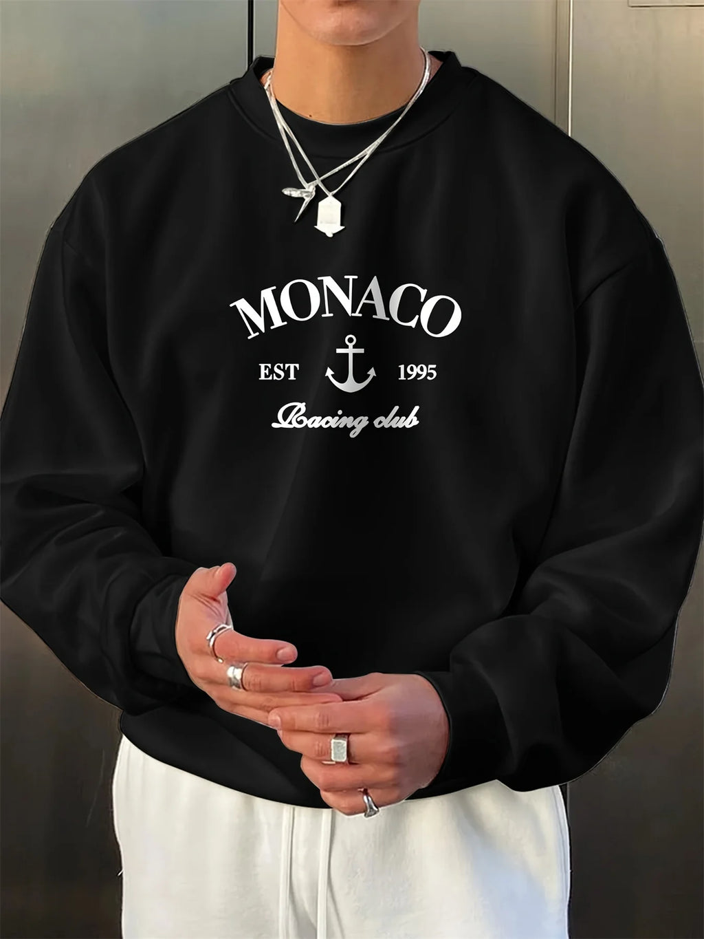 Men's autumn and winter fashionable casual loose monaco letter print fleece pullover long sleeved round neck sweatshirt