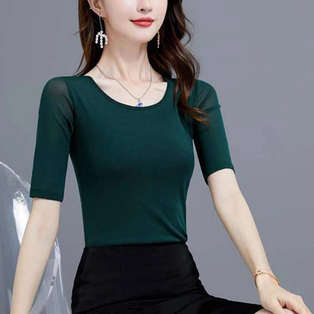 S-3XL Purple Blue Red Green Shirt Women Transparent Mesh Short Sleeve O-neck Thin T shirt Half Sleeve O Neck Female Blouses Tops