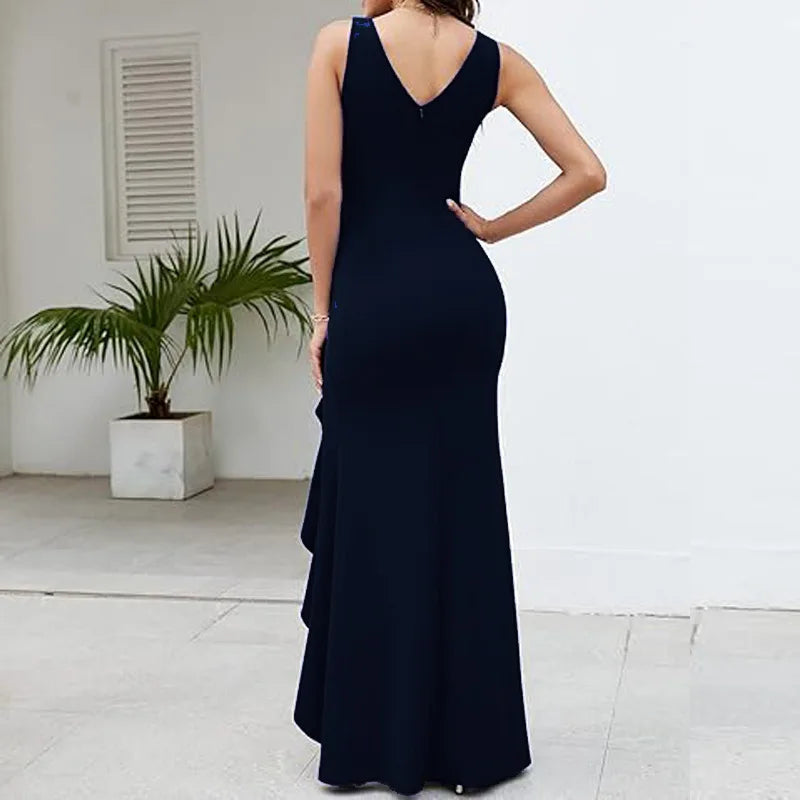 Sexy Schlitz, Rüschen, ärmellos, Abendkleider für Damen, modisch, V-Ausschnitt, schlank, plissiert, elegantes weibliches Maxi-langes Kleid 2025,