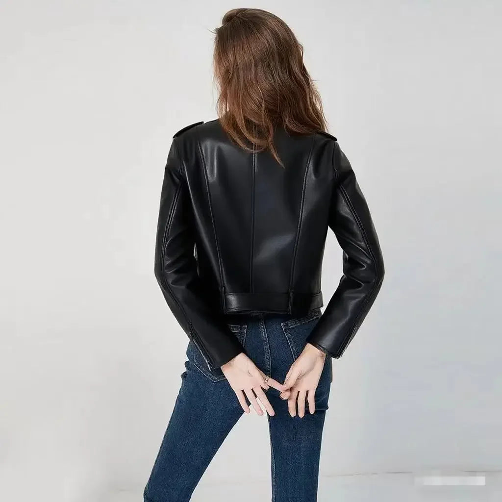 Damen-PU-Lederjacke, schmale Passform, Motorrad, gewaschener Reißverschluss, Oberteil, Herbst-Winter, modische Oberbekleidung, lässiger Stil, volle Ärmel