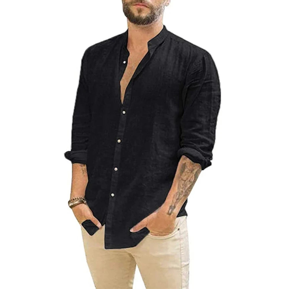 Baumwolle Leinen Heißer Verkauf männer Langarm Shirts Sommer Einfarbig Stehkragen Casual Strand Stil Plus Größe