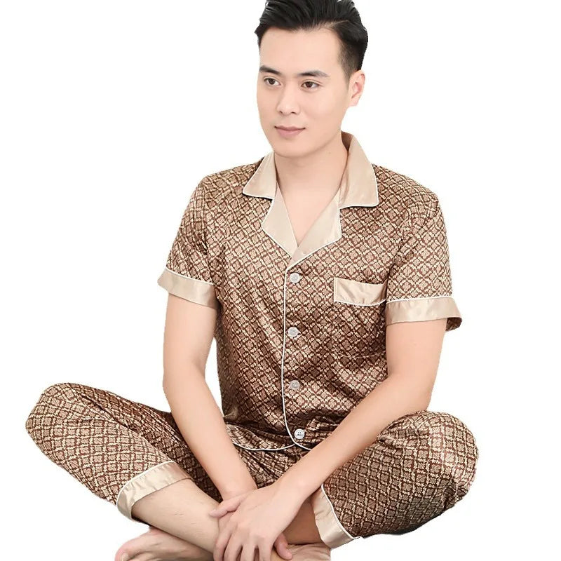 Hohe Qualität Pyjamas Set Männer Frühling Herbst Dünne Polyester Eis Seide Lange ärmeln Nachtwäsche Plus Größe Sommer Hause Kleidung männlichen