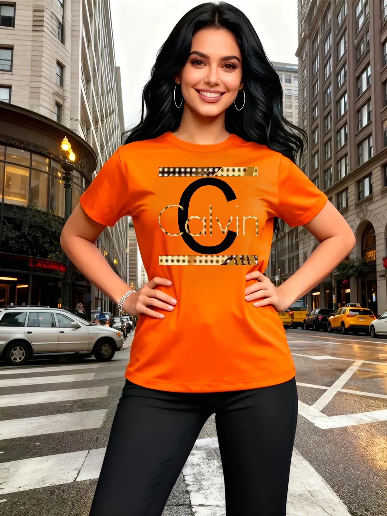 Calvin Buchstaben-Print Damen-T-Shirt - Goldgrafik Grünes Casual-Oberteil