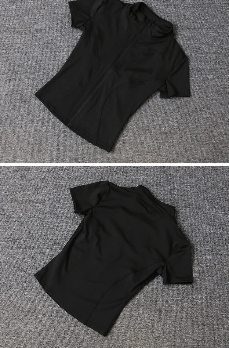 Damen-Sportbekleidung, schmale Passform, Polyester, schnell trocknend, durchgehender Reißverschluss, Outdoor-Fitness, Laufhose, kurze Ärmel, Damen-Yoga-Bekleidung