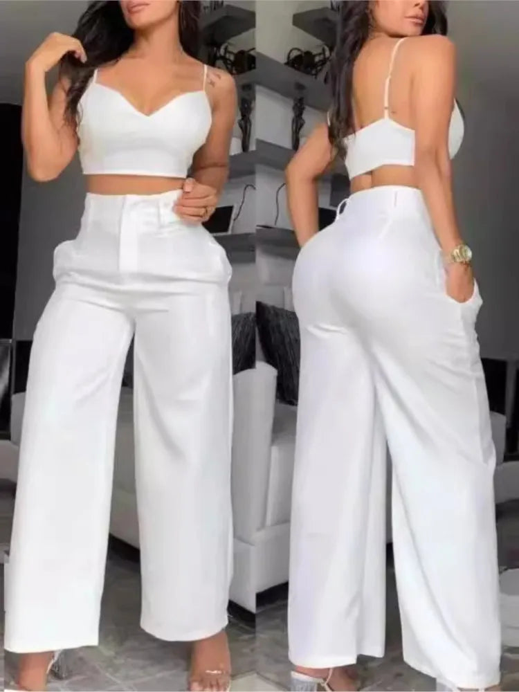 Sommer Sexy 2-teiliges Set Frauen V-ausschnitt Strap Geraffte Schlank Crop Top & Spitze-up Breite Bein Hosen Sets elegante Urlaub Dame Anzug