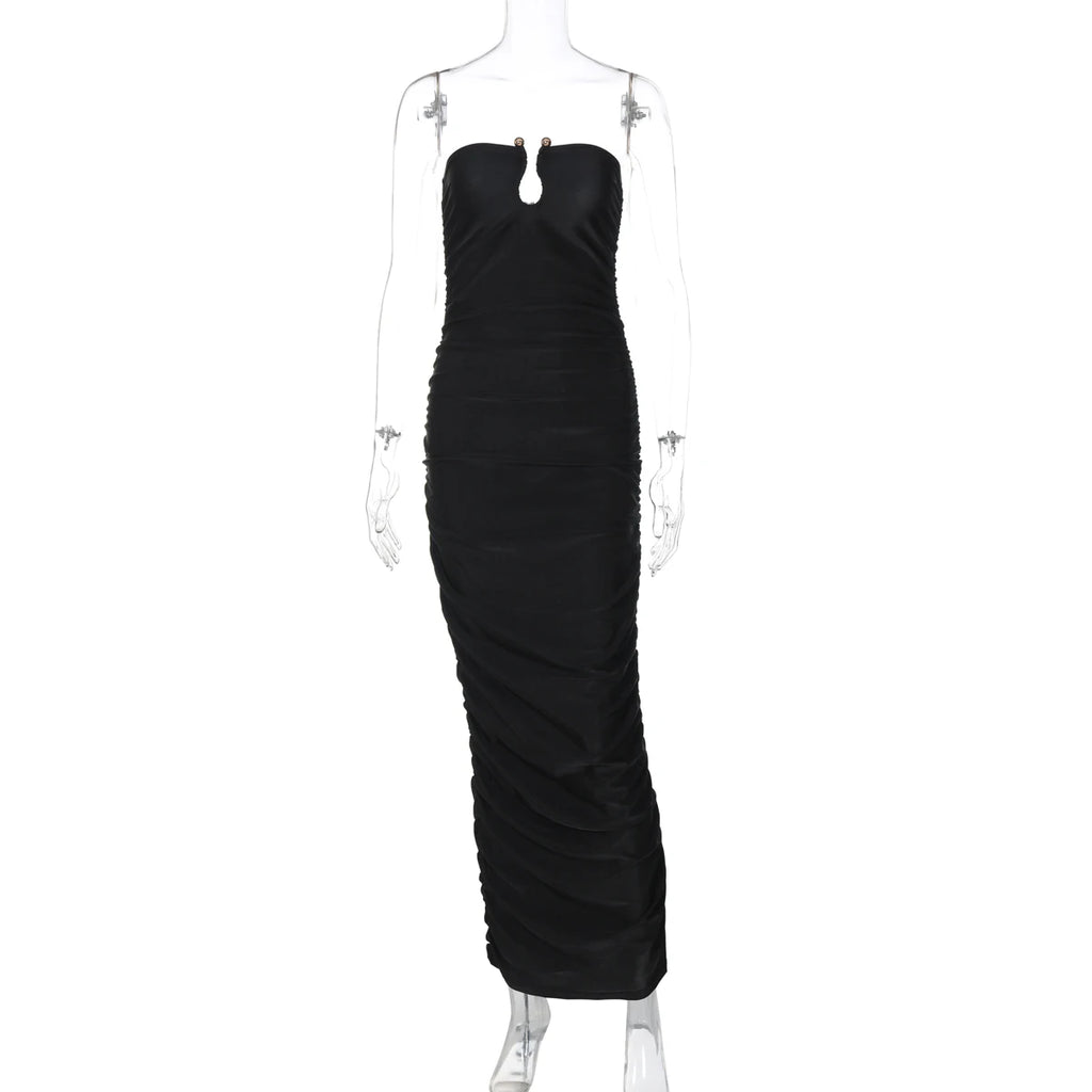 Dulzura ärmelloses, trägerloses, plissiertes Maxikleid mit Knopf, sexy, elegantes langes Kleid für Damen, Party, Club, Büro, Frühling und Sommer