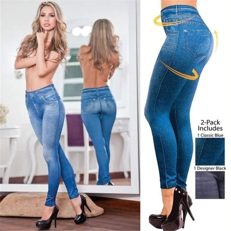 European American High Elasticity Denim Bedruckte Leggings Damen Hohe Taille Schlanke Leggings Gym Training Radfahren Mode Shorts