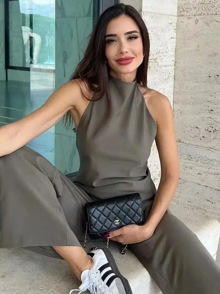 HH Frauen Vintage Solide Hose Sets Sexy Backless Halter Camis Top Asymmetrische Tank Top + Kordelzug Hosen Mode Streetwear