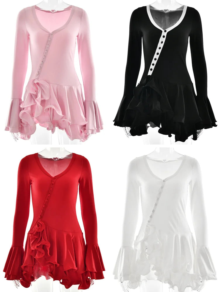 Absobe Damen A-Linie, figurbetontes Minikleid, Rüschensaum, V-Ausschnitt, asymmetrische Knöpfe, lange Ärmel, kurzes Kleid, Party, Streetwear, Outfits