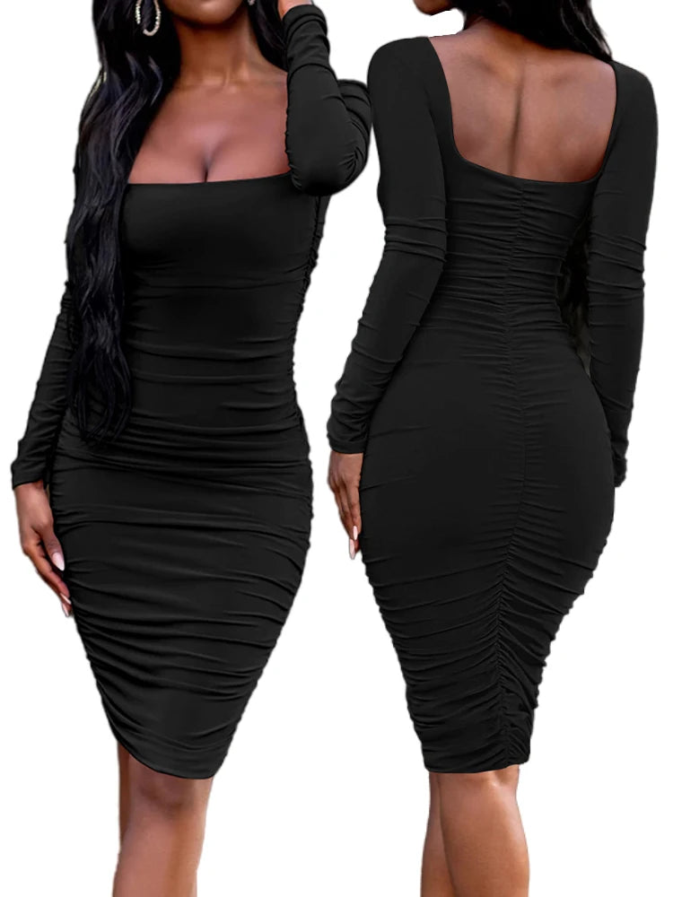 Herbst Winter Lange Ärmeln Kleider frauen Modische Temperament Square Neck Midi Kleid Sexy Party Club Kleid