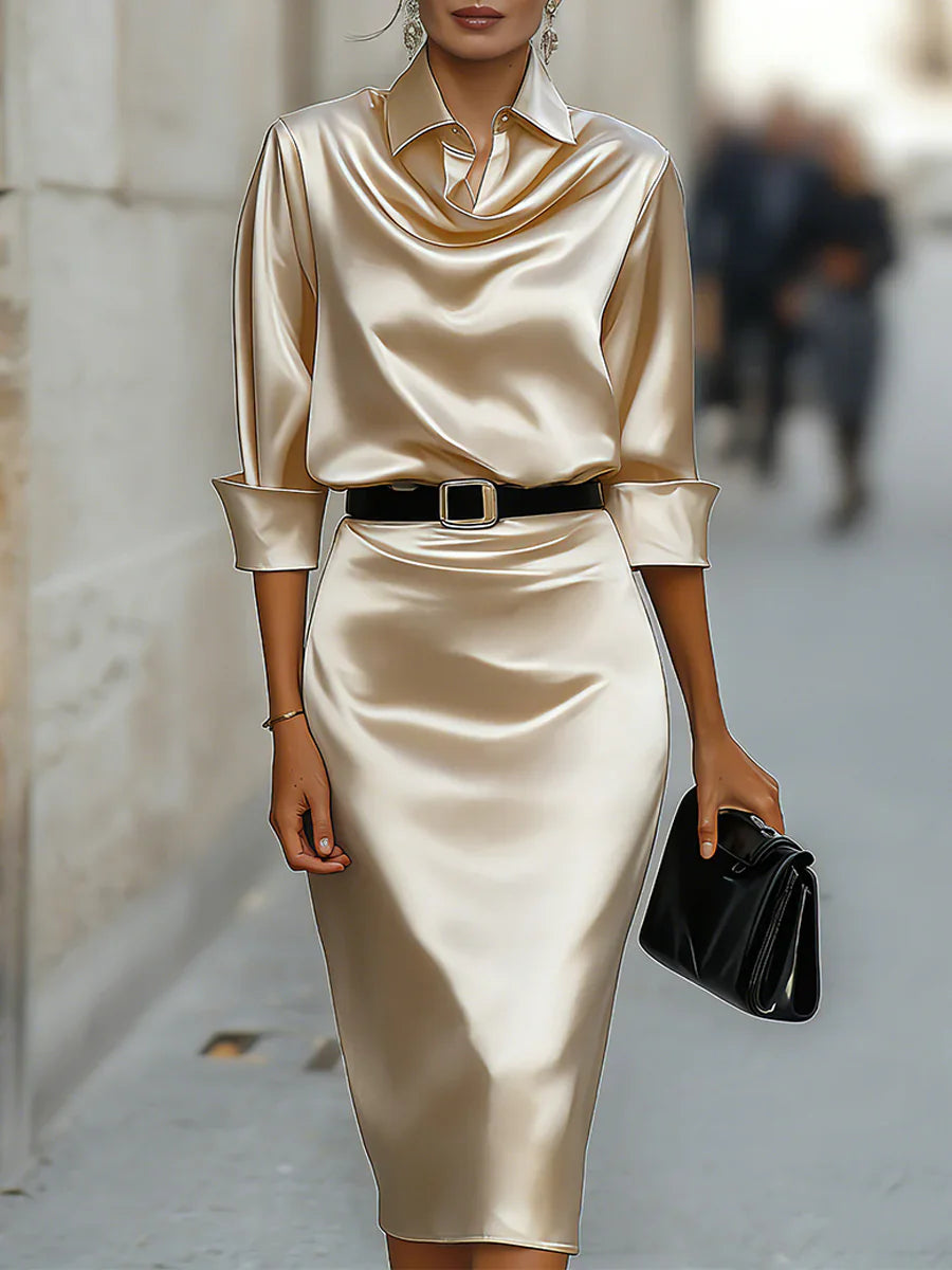 Satin-Kleid mit Wasserfallausschnitt und Gürtel, langärmliges, figurbetontes Midikleid für Damen, elegantes, lässiges Party- und Abendkleid