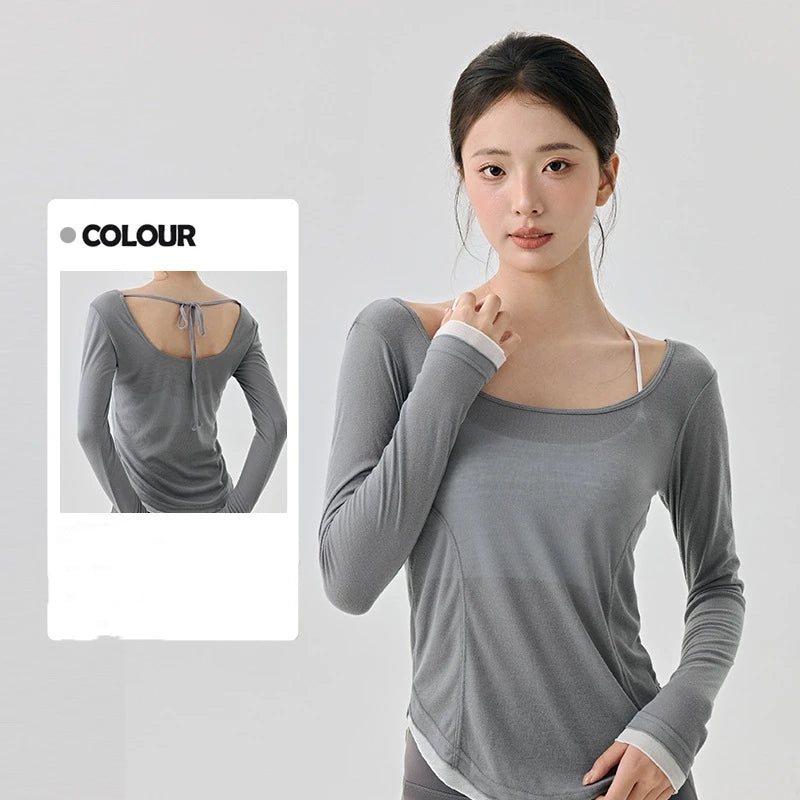 Frauen Fitness Gym Yoga Tops leichte atmungsaktive sexy rückenfreie langärmelige Sport Tops Cover-up T-Shirt Damenbekleidung