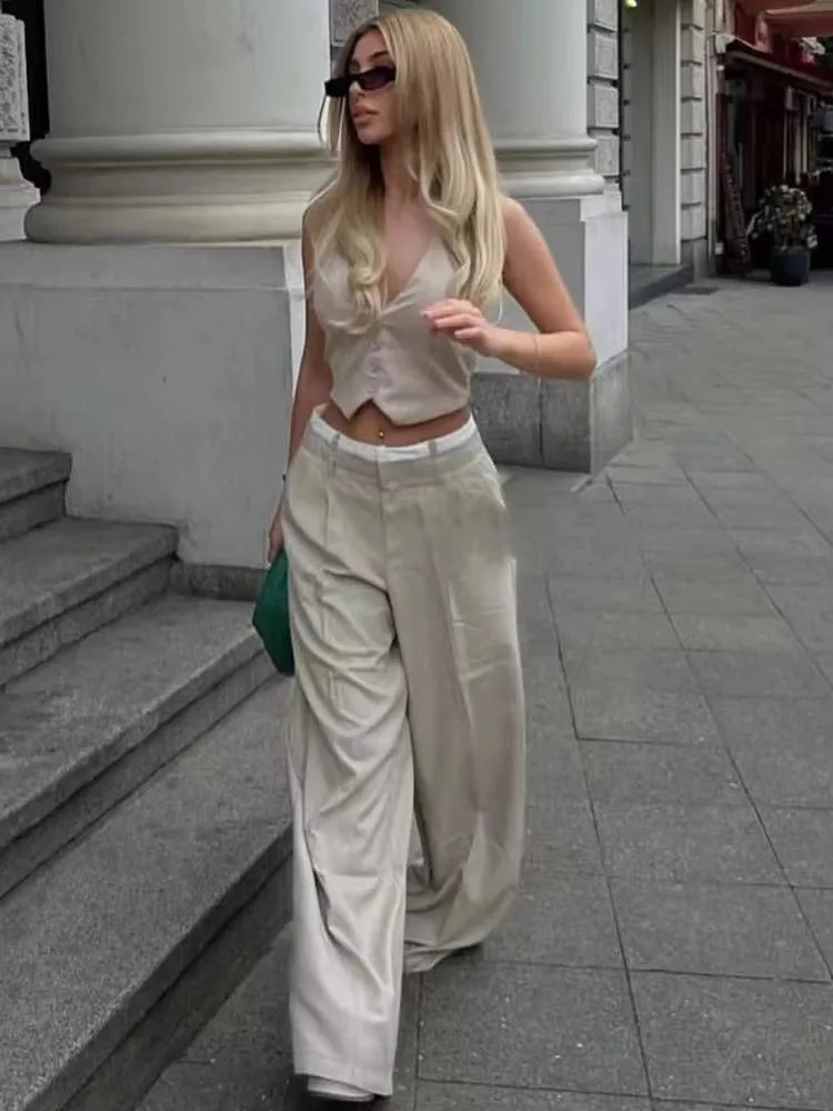 HH Frauen Fashion Solid Weste Hose Anzug Einreiher Halter Abgeschnitten Westen Top Hohe Taille Patchwork Hosen Büro Dame Sets