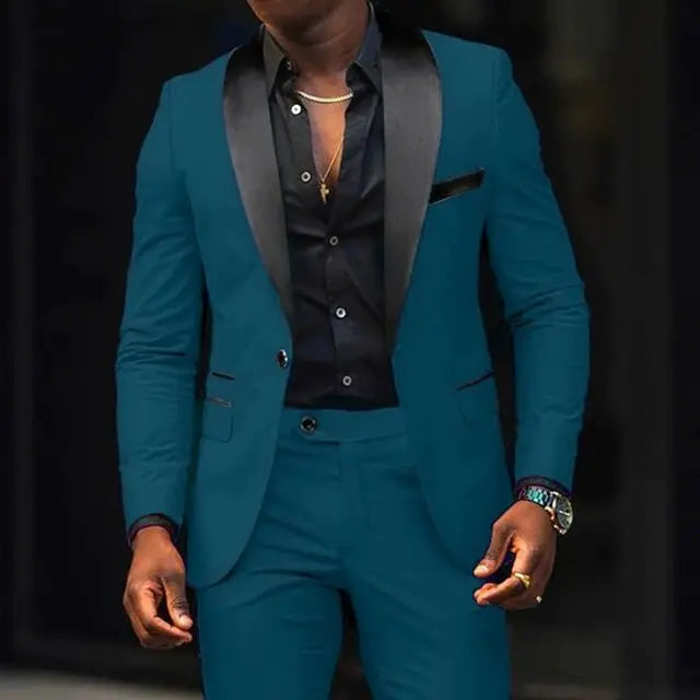Lässige 2-teilige Herren-Hochzeitsanzüge, solide Slim-Fit, Schalkragen, Blazer, Hose, Designs, Party, Abschlussball, Anzüge, Trauzeuge, Business-Kleidung