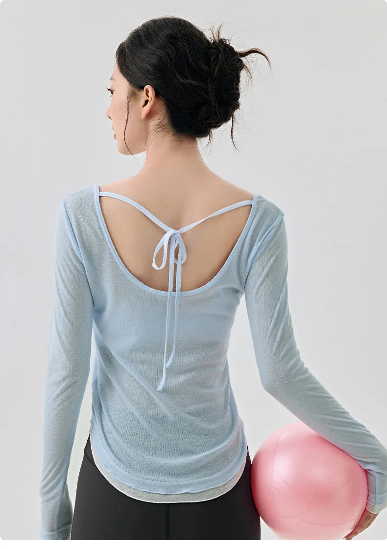 Frauen Fitness Gym Yoga Tops leichte atmungsaktive sexy rückenfreie langärmelige Sport Tops Cover-up T-Shirt Damenbekleidung
