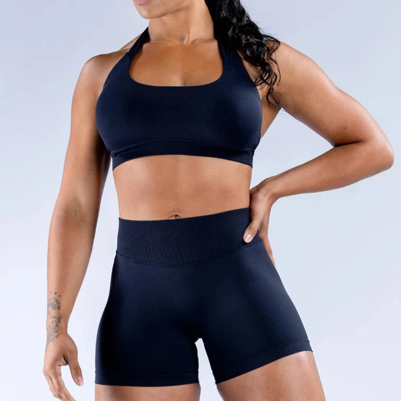 Shorts-Set, 2-teilig, nahtlos, Yoga-Set, Workout-Trainingsanzug, Damen-Halter, Sport-BH und niedrige Taille, Scrunch Bum, Gym-Shorts, Anzüge