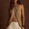 Damen Y2K Glitzerndes Top mit Frontschlitz Ärmellos Rückenfrei Neckholder Crop Tank Top Sommer Party Club Camisole Weste