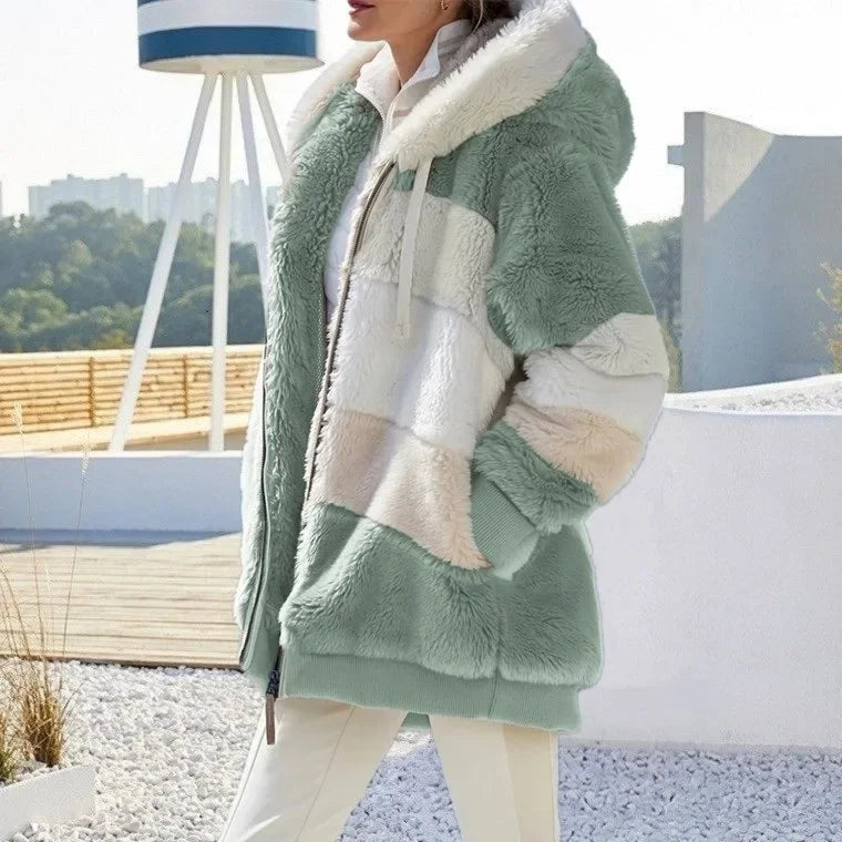 Warme Fleece-Übergroße Kapuzenjacke für Damen, Herbst und Winter, verdickte Reißverschlusstasche, Patchwork-Kleidung, bequemes Sweatshirt