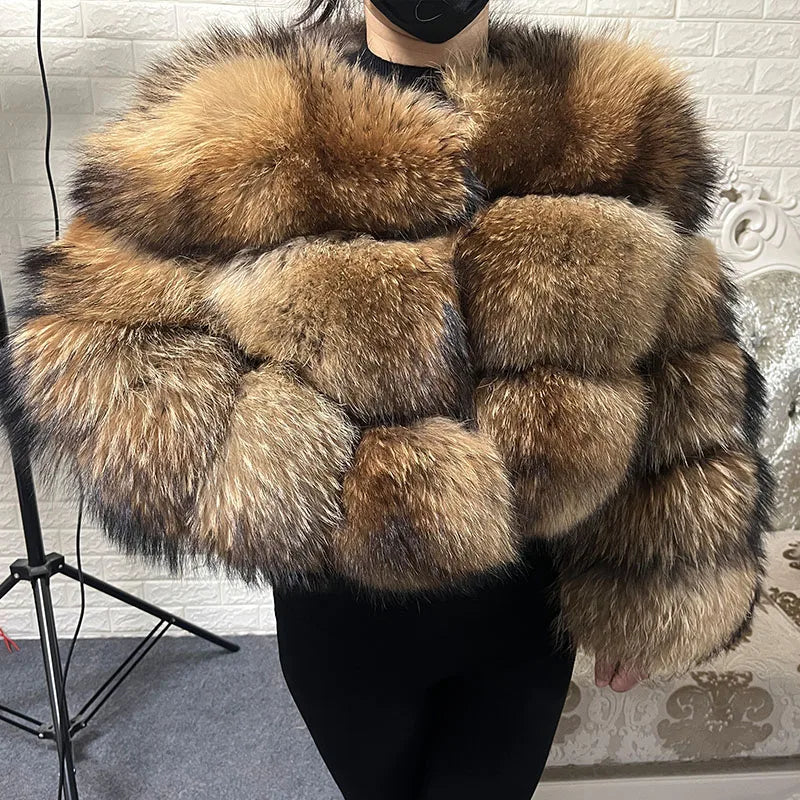 Plus Size Tops Brown Fur Maomaokong Obese Women's Outerwear Natural Raccoon Real Fur Coat Winter Jacket Female Clothing 4xl