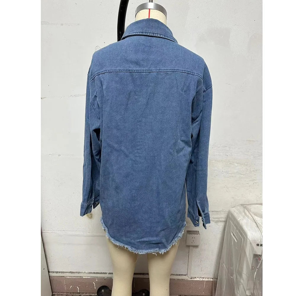 Gewaschene Denim Jacke Frauen Herbst Quaste Revers Jeans Jacke Weibliche Casual Lose Langarm Einreiher Oberbekleidung Shirts Mantel