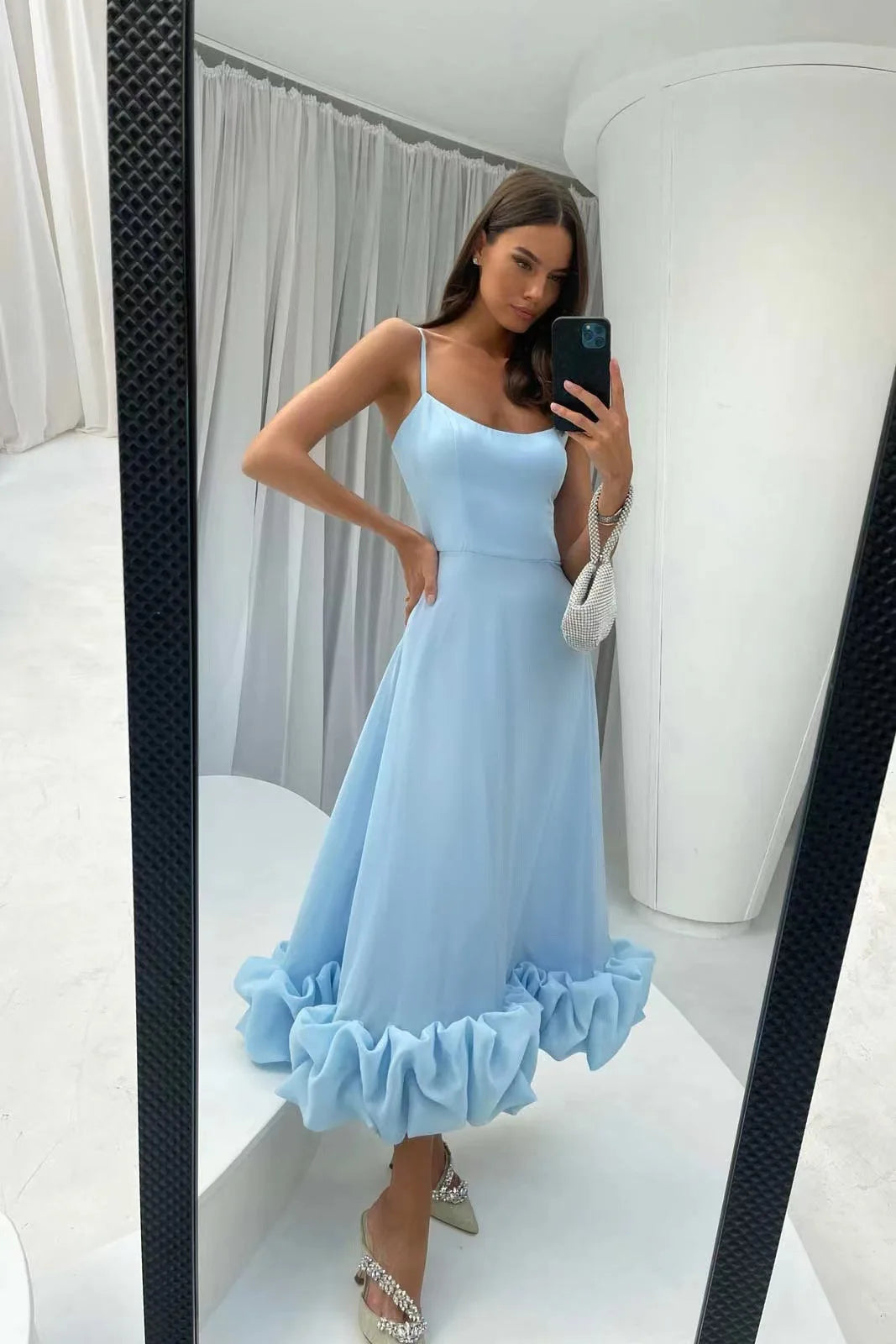 Elegante Rüschen solide Schlinge langes Kleid Frauen Riemen Taille Party Kleider Mode ärmellose rücken freie Strands chaukel Rock A-Linie Tutu