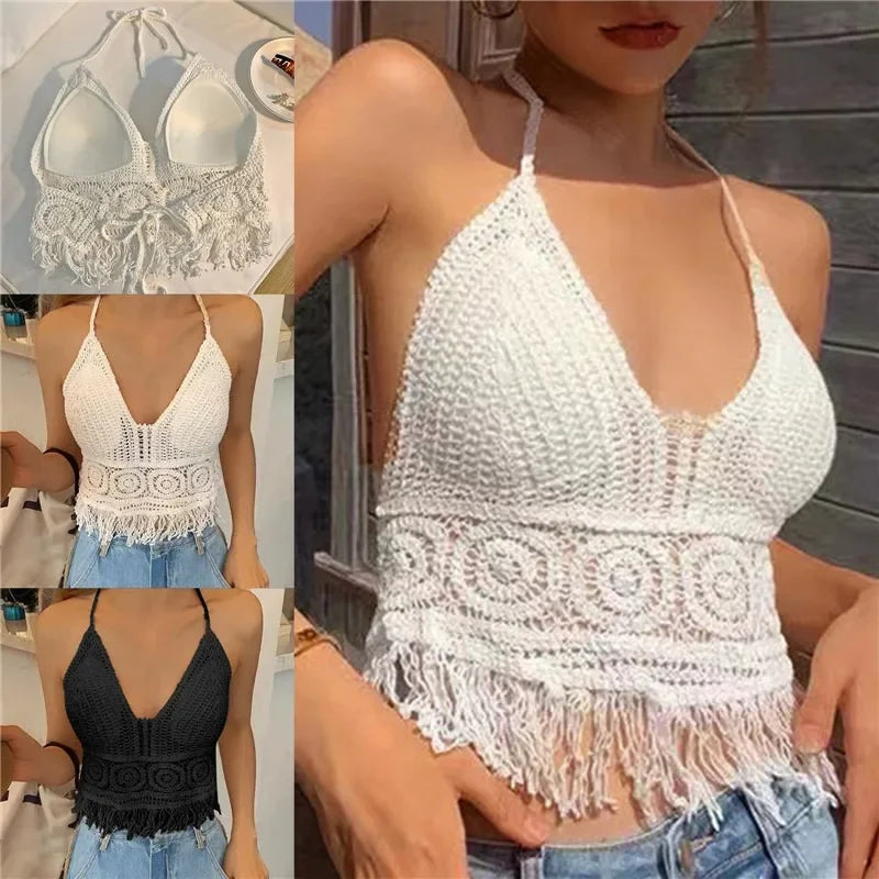 2024 sommer Sexy Strand Kurze Crop Top für Frauen Leichte Aushöhlen Häkeln Quasten Saum Halter Bhs Bustier mit Brust Pads