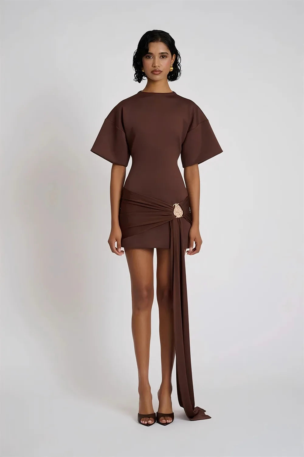 Apprabant Women Buckle Ruched Ribbon Mini Dress O-Neck Metal Short Sleeve Solid Color Silm Bodycon Short Dress Casual Partywear