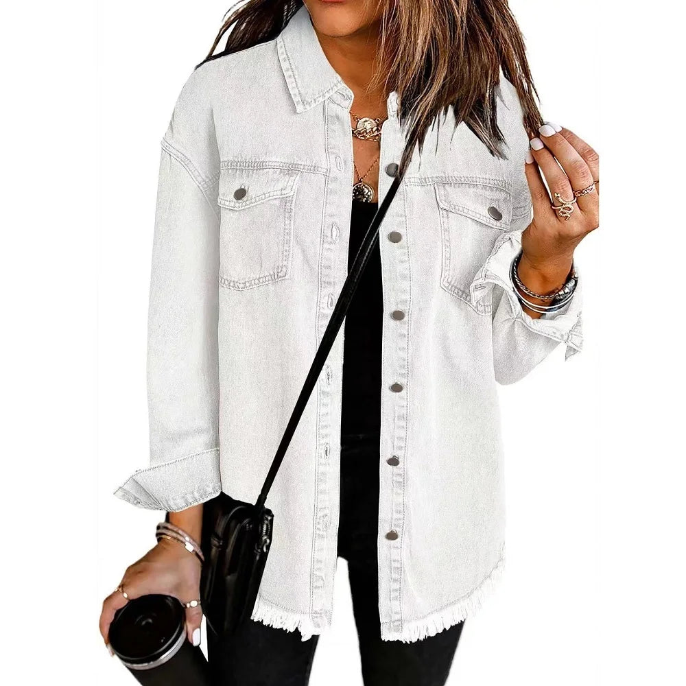Gewaschene Denim Jacke Frauen Herbst Quaste Revers Jeans Jacke Weibliche Casual Lose Langarm Einreiher Oberbekleidung Shirts Mantel