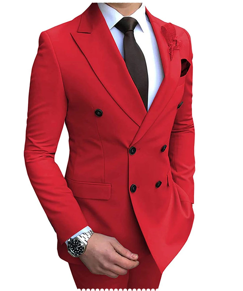2024 Neuer beigefarbener Herrenanzug, 2-teilig, zweireihig, Reverskragen, flach, schmale Passform, lässiger Smoking für Hochzeit (Blazer + Hose)