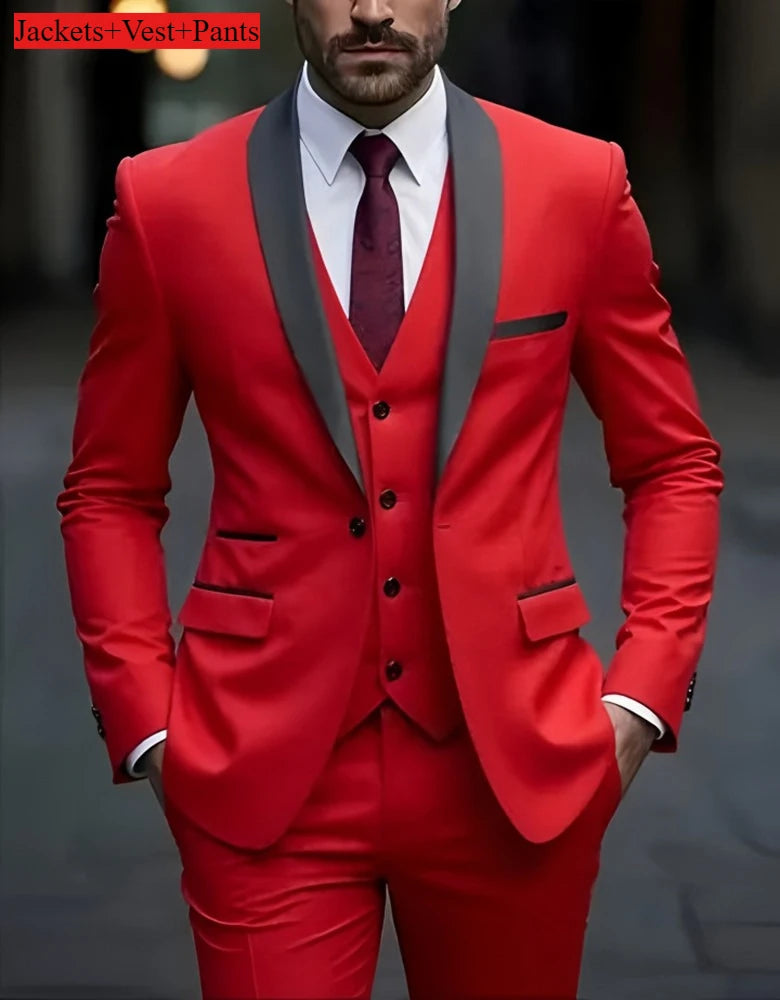Formelles Anzugset für Herren, Business-Casual, Slim-Fit-Smoking für Hochzeit, langärmliges Revers mit Kerbe, Bräutigam