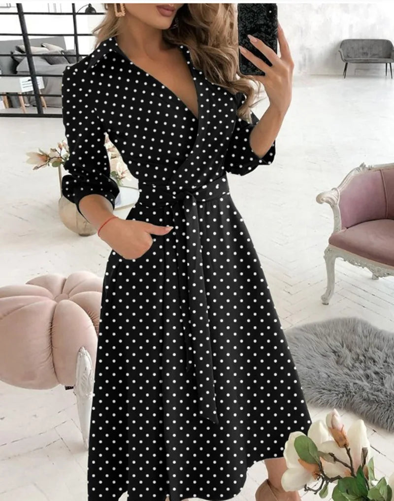 Herbst Neue Casual frauen Mode Lange ärmeln V-ausschnitt Gedruckt Muster Mid-länge Elegante Gedruckt frauen Kleid