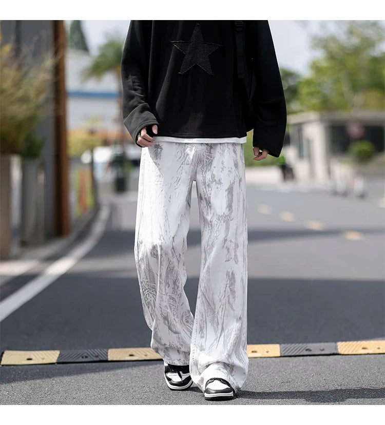 Jeans Herren Klassische Jeans mit geradem Bein, weiße Batik-Denim-Hose, Unisex, modische Freizeithose, Streetwear, Hip-Hop-Stil, gewaschen