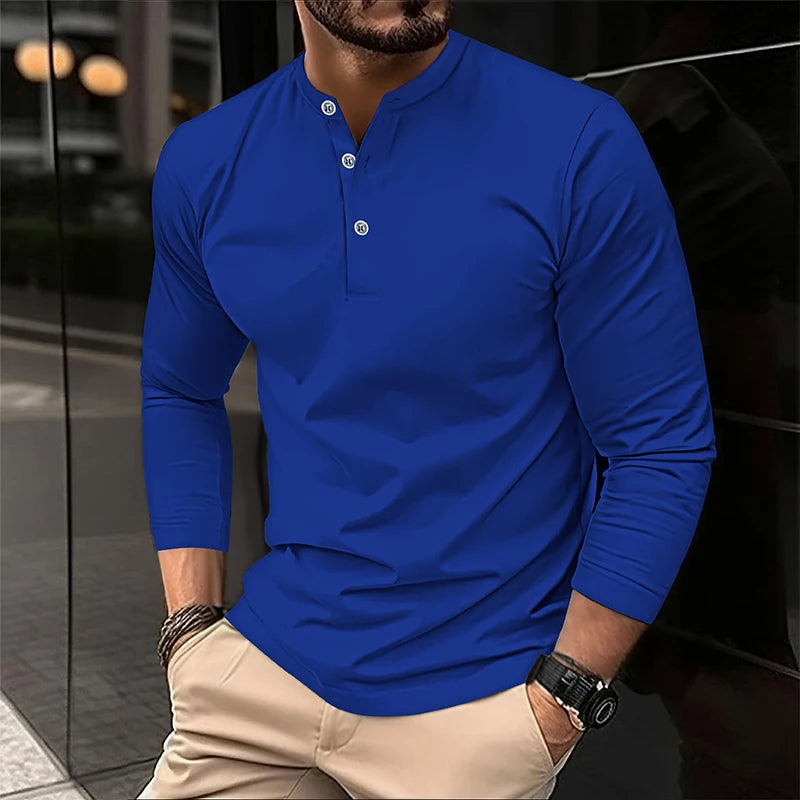 2025 männer Sommer Langarm Henry Polo Casual Atmungsaktiv Komfortable Polo-Shirt Solide Hohe Qualität Männliche T-Shirt Dropshipping