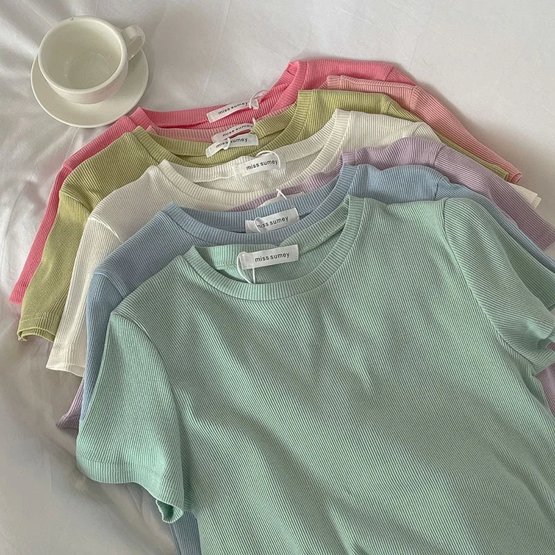 Damen T-Shirt mit Rundhalsausschnitt, Kurzarm, Koreanischer Stil, Mehrfarbig, Basic, Slim Fit Oberteil