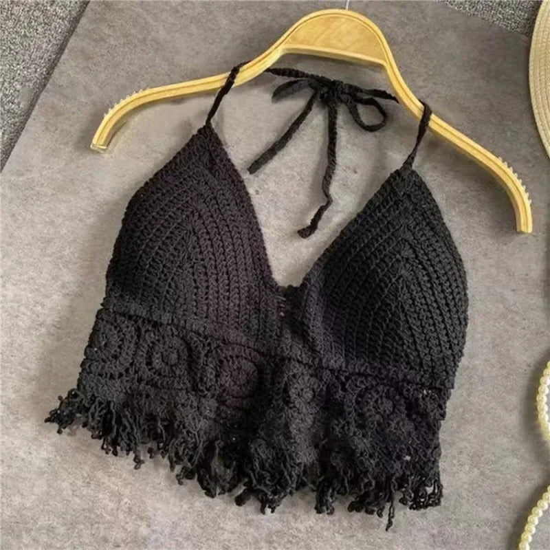 2024 sommer Sexy Strand Kurze Crop Top für Frauen Leichte Aushöhlen Häkeln Quasten Saum Halter Bhs Bustier mit Brust Pads