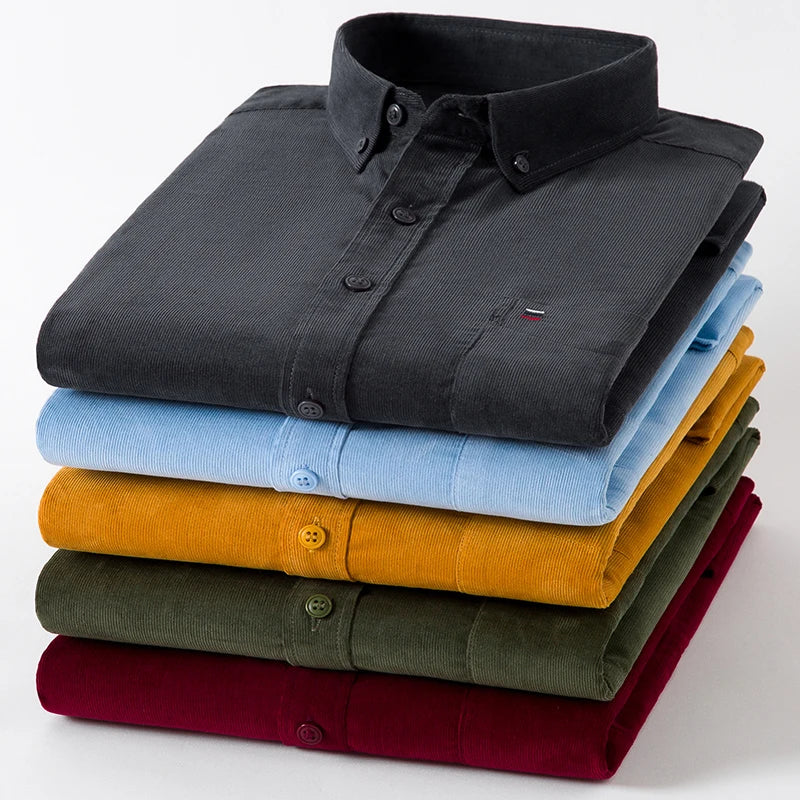 Neue Herrenhemden aus reiner Baumwoll-Cord, modisch, Business-Casual, bequem, extra Größe, einfarbig, langärmelig, Herrenbekleidung