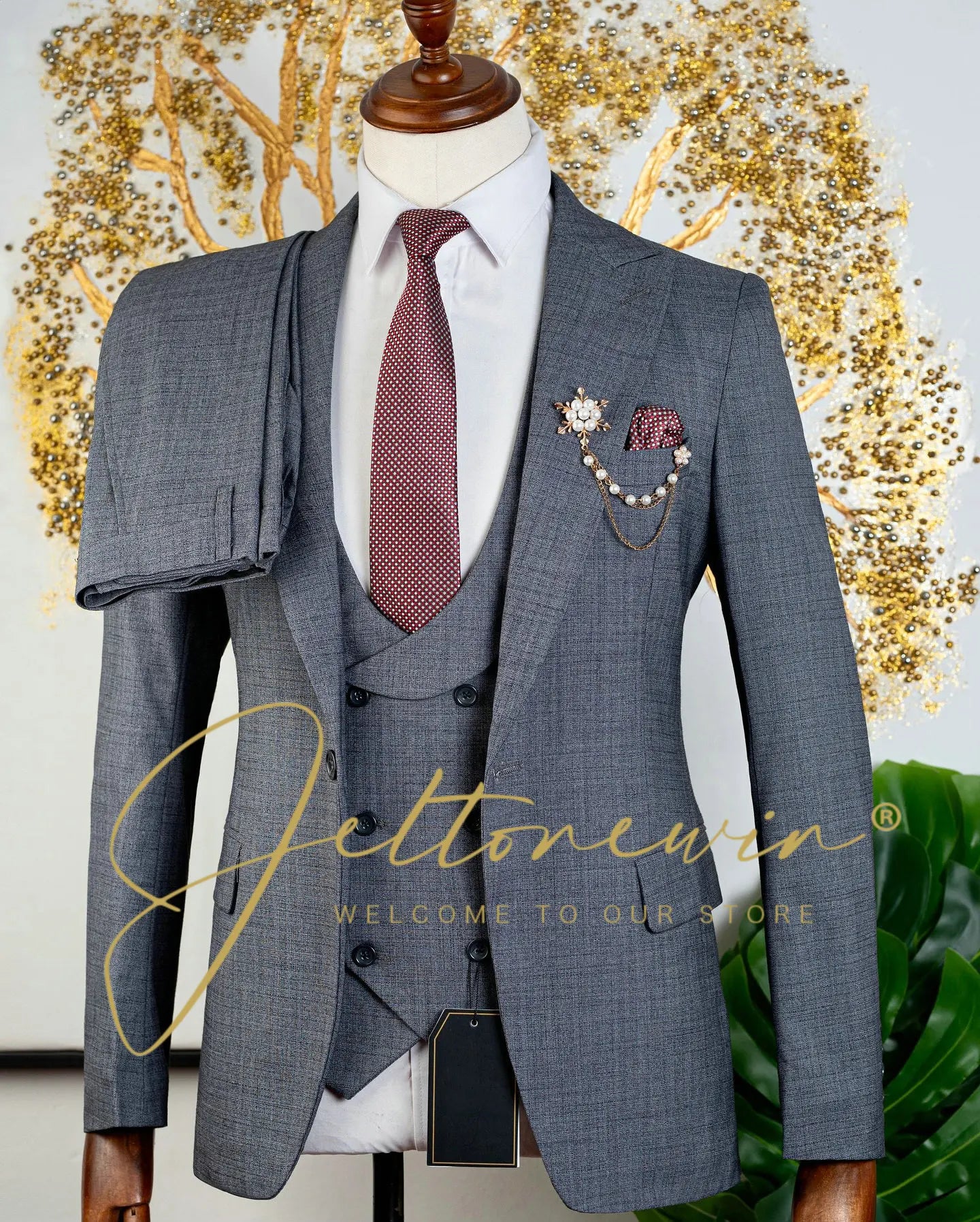 Brauner dreiteiliger Herrenanzug mit Weste und Hose, schmale Passform, formelle Kleidung für Hochzeit, Trauzeugen, Party, Business-Anlass
